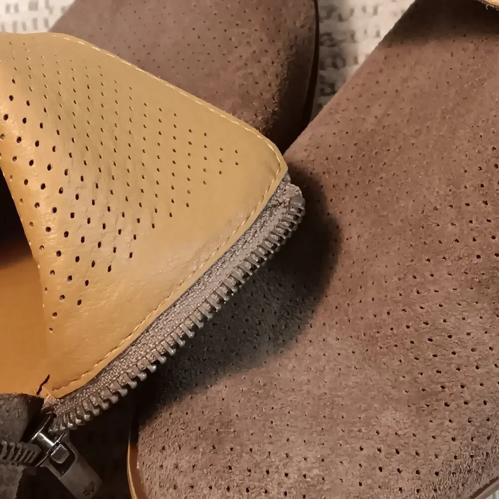 READ! Lucky Brand women's perforated suede leather double zipper ankle booties